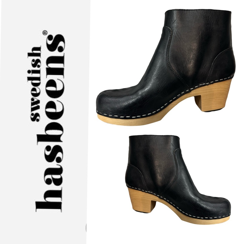 Swedish Hasbeens Black Leather Ankle Clogs